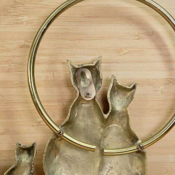 Vintage Brass Cat Family on Branch Wall Hanging / Cats Under Moon Wall Plaque - Picture 8 of 8